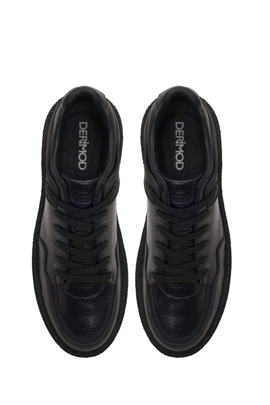 Erkek Siyah Bağcıklı Kalın Tabanlı Deri Sneaker