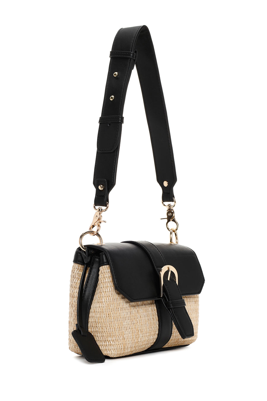 Women's Black Long Strap Straw Shoulder Bag