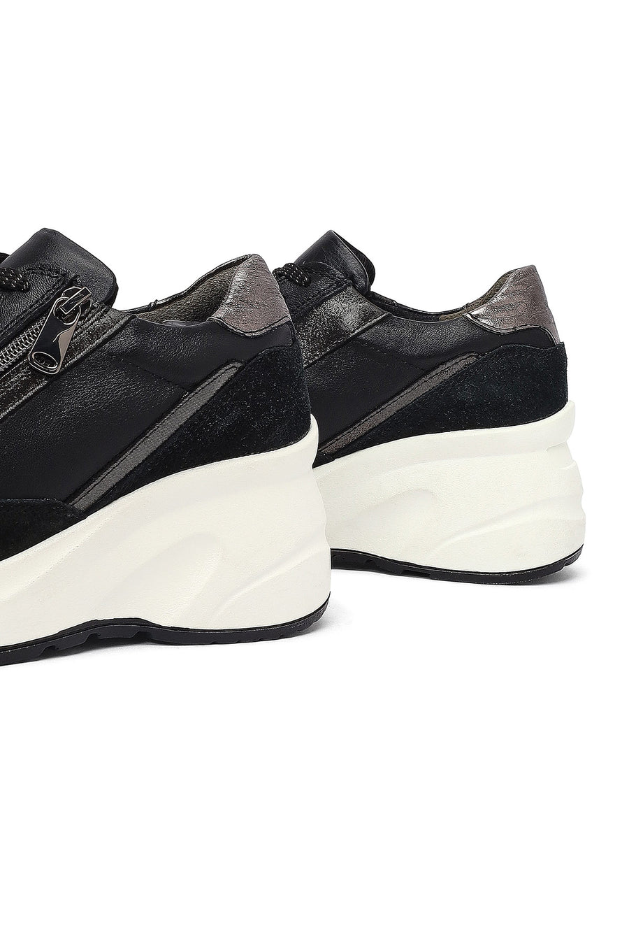 Woman Black Lace-Up Zipper Detailed Wedge Heels Leather Sneakers
