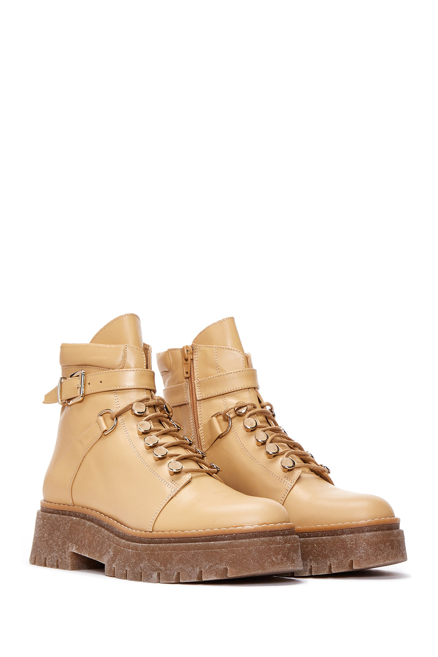 Women's Beige Leather Buckle Thick Soled Boots
