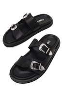 Woman Black Double-Buckle Leather Slipper | Derimod