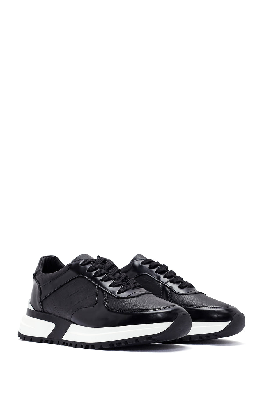 Erkek Siyah Bağcıklı Deri Sneaker
