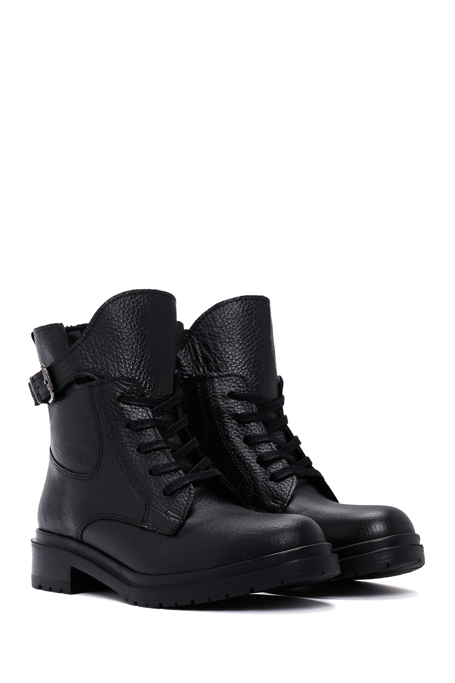 Woman Black Zippered Buckle Detail Leather Casual Boots