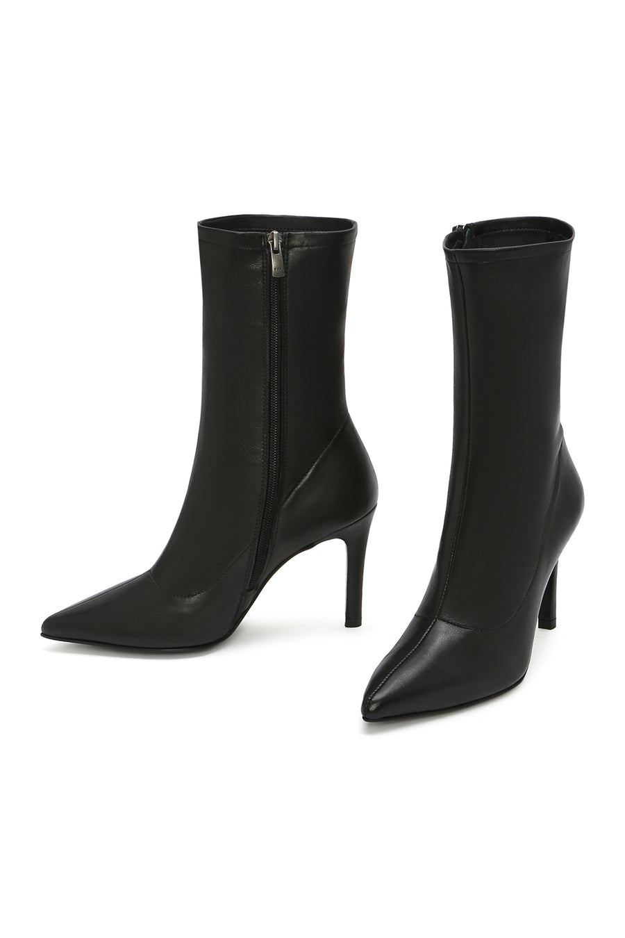 Women's Black Zippered Thin Heeled Leather Boots