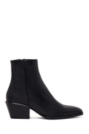 Woman Black Zip Closure Short Thick-Heeled Leather Cowboy Boots | Derimod