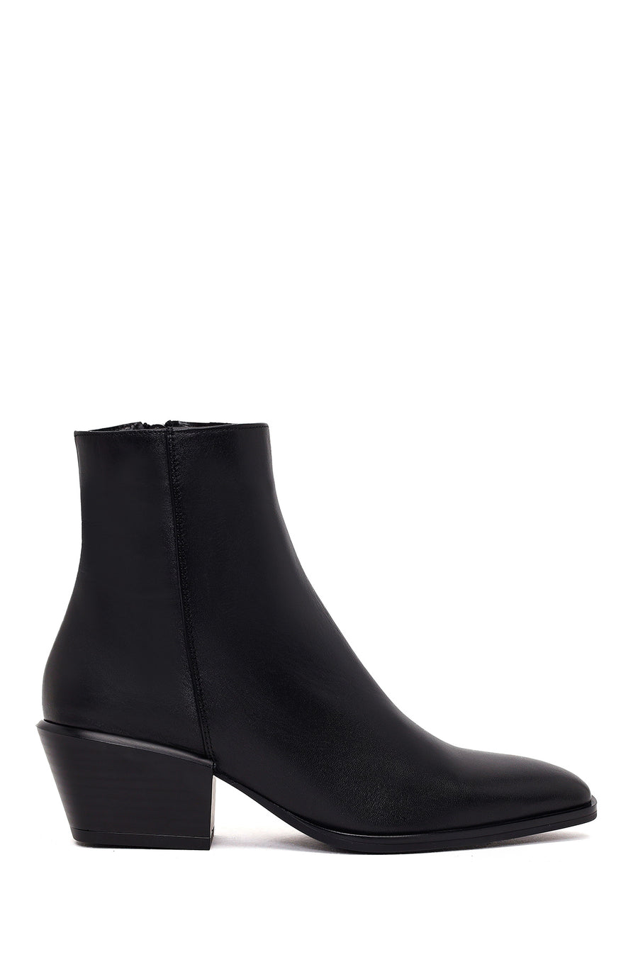 Woman Black Zip Closure Short Thick-Heeled Leather Cowboy Boots AF190039DV | Derimod