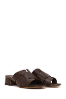 Woman Brown Short Thick-Heeled Leather Slipper | Derimod