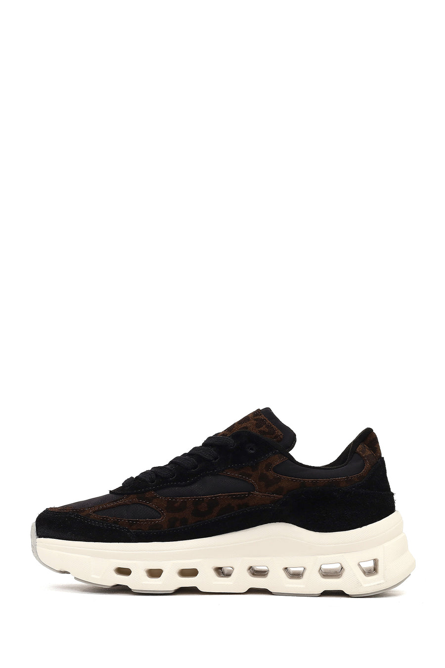 Women's Black Lace-Up Thick-Soled Leather Sneaker