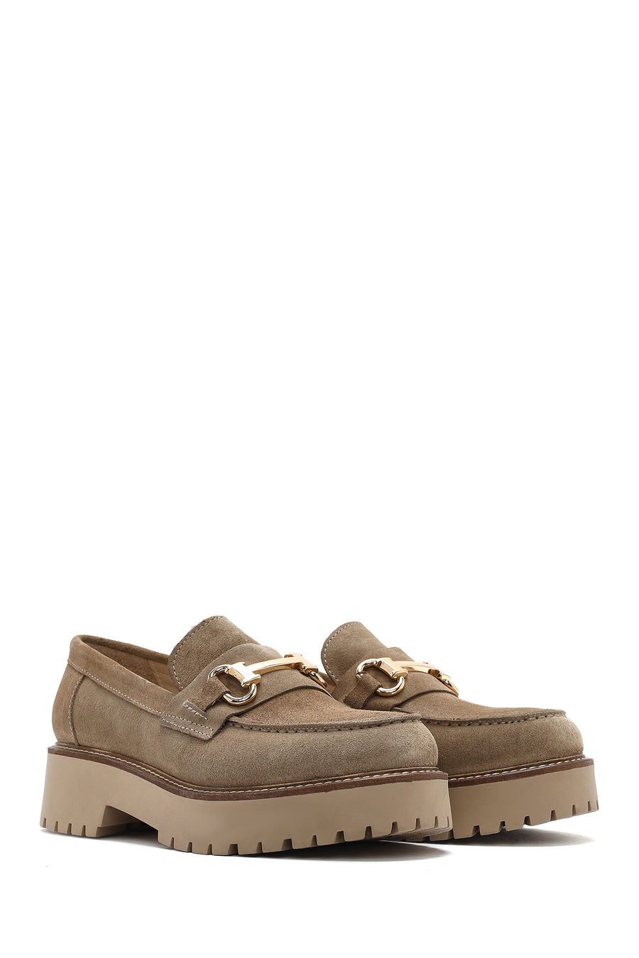 Women's Beige Thick-Soled Accessory Suede Leather Masculine Loafer