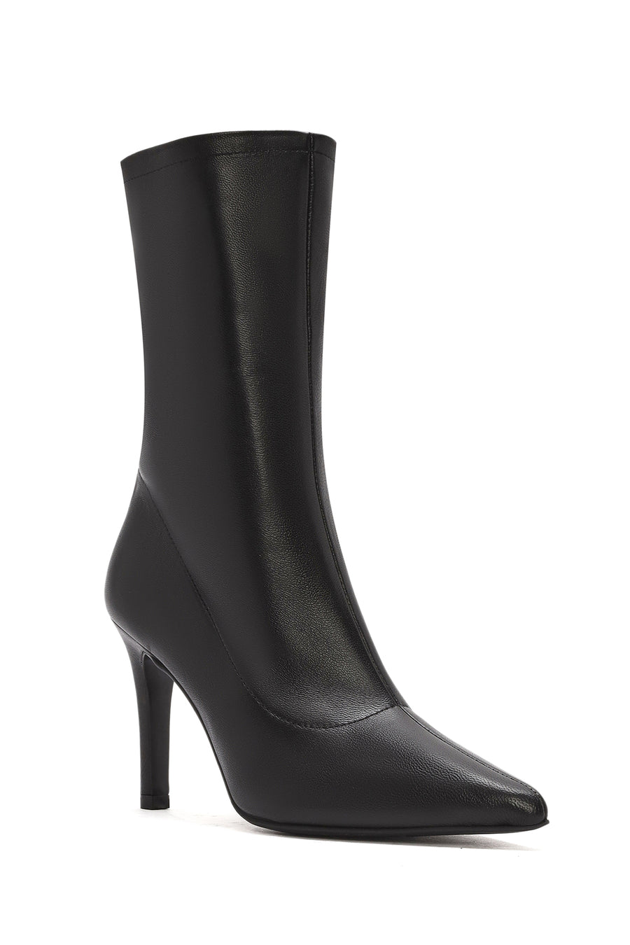 Women's Black Zippered Thin Heeled Leather Boots