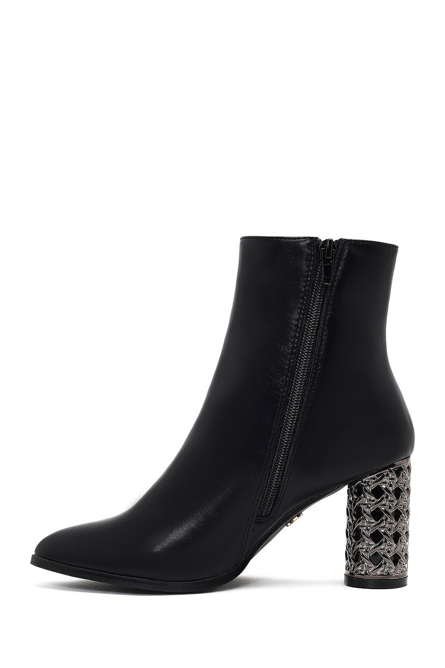 Women's Black Zippered Patterned Thick Heeled Boots
