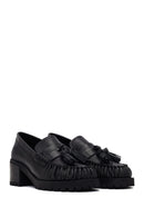 Woman Black Tassel Chunky Heeled Leather Loafer | Derimod