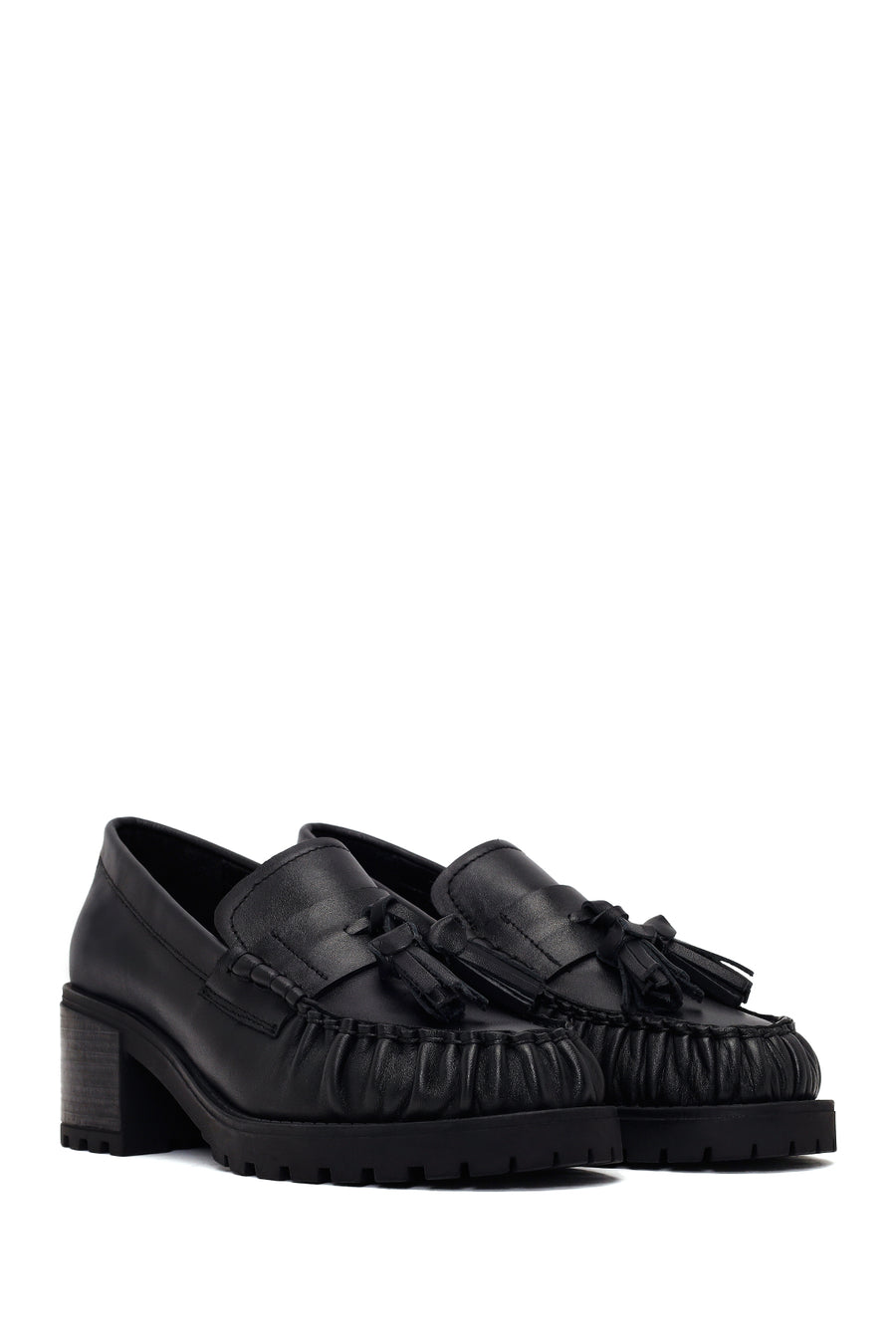 Woman Black Tassel Chunky Heeled Leather Loafer
