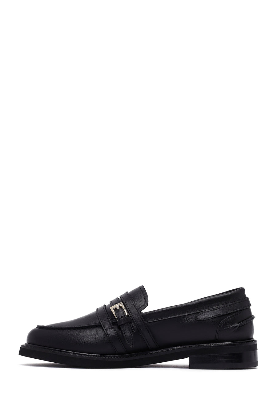 Woman Black Buckled Leather Masculine Loafer
