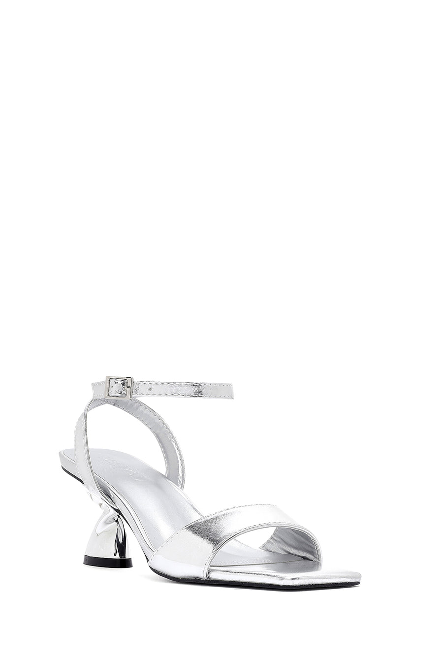 Women's Silver Ankle Buckle Chunky Heel Metallic Sandals