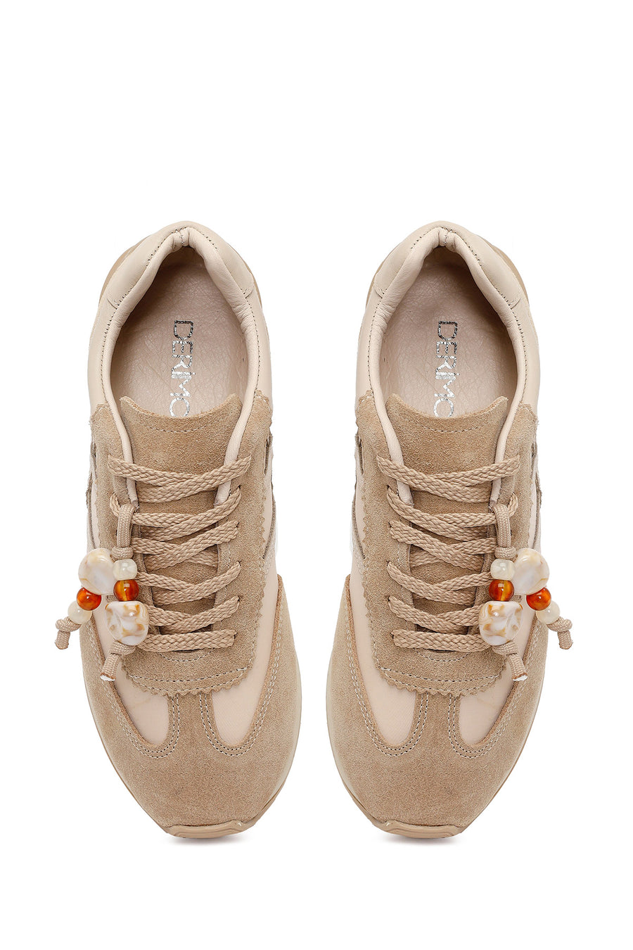 Woman Beige Lace-up Charm Leather Sneaker