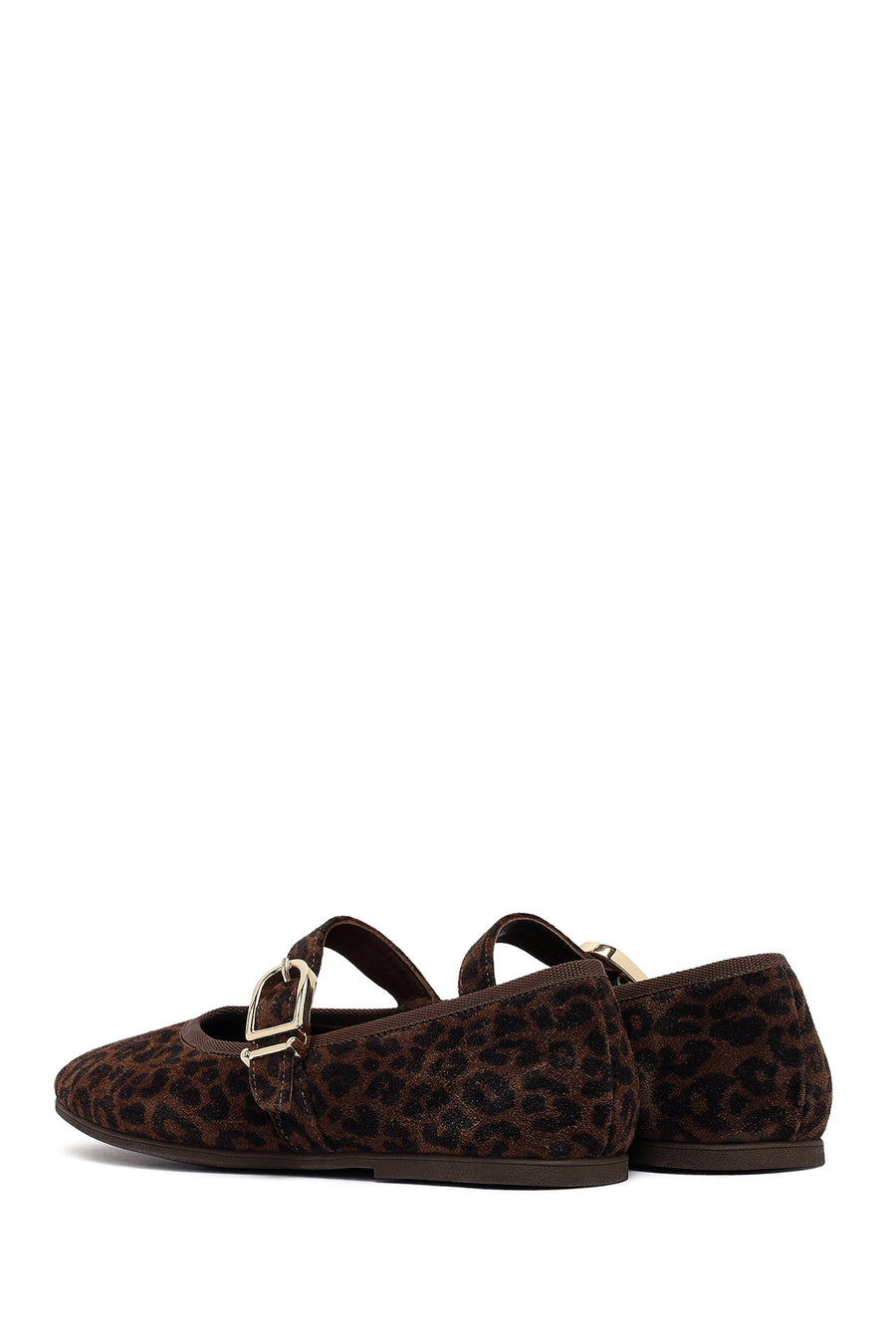 Woman Brown Leopard Patterned Buckled Suede Leather Ballet Flat