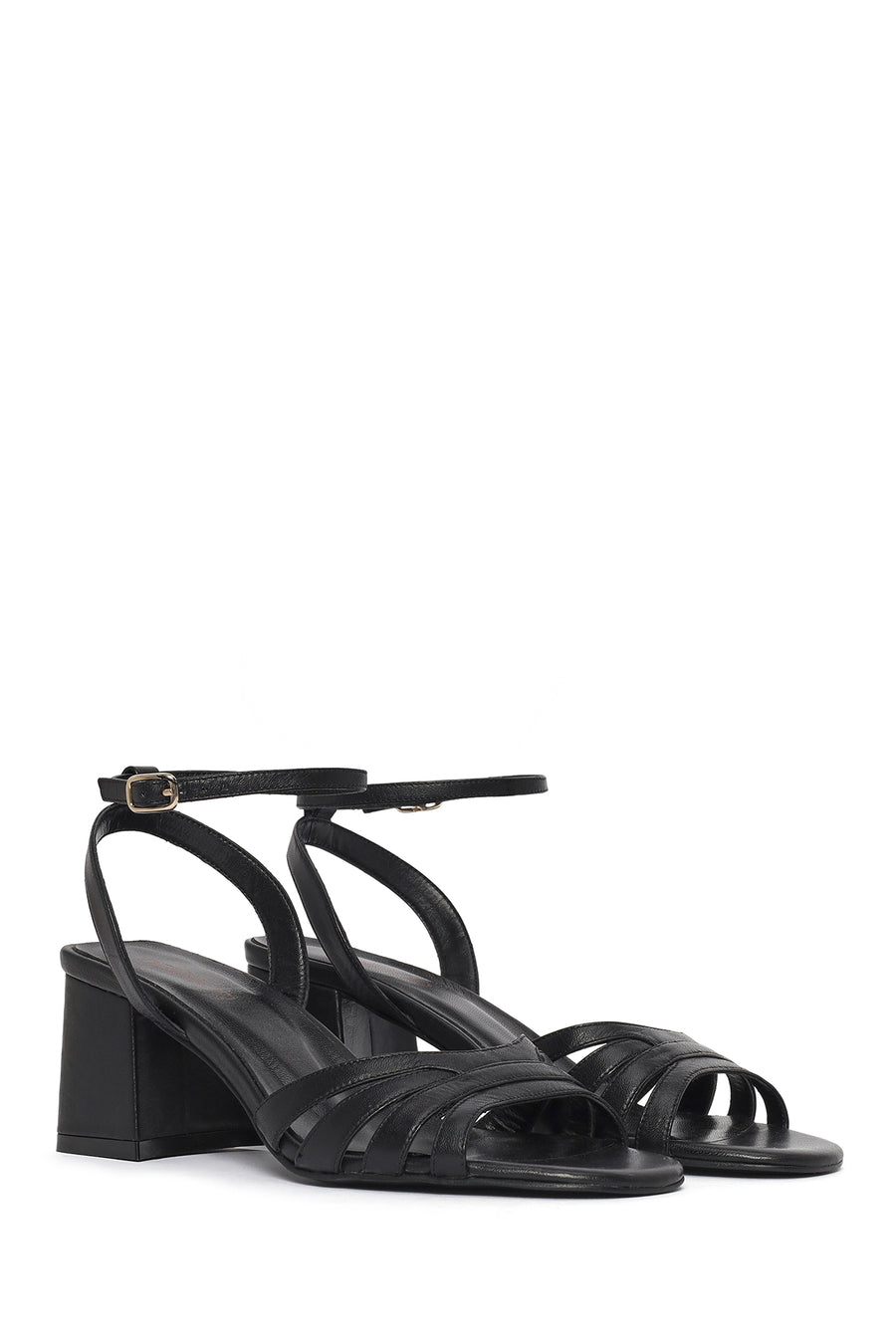 Woman Black Ankle-Buckle Chunky-Heel Leather Sandal