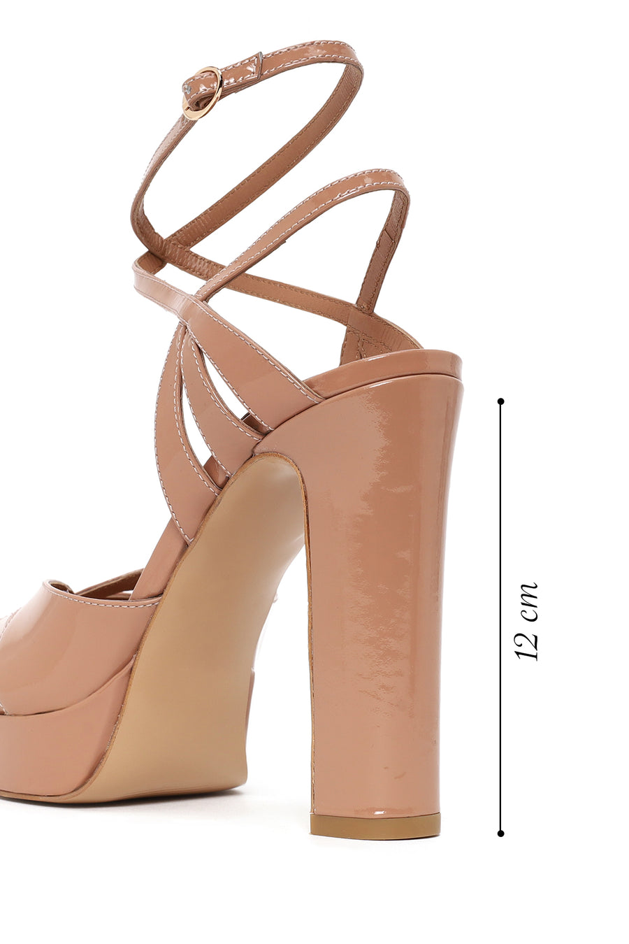 Woman Beige Ankle-Buckle Platform Thick High-Heeled Patent Leather Sandal