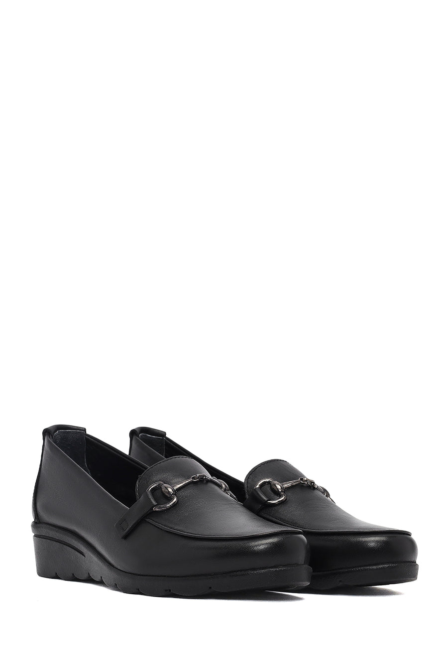Woman Black Buckled Wedge Heel Leather Loafer