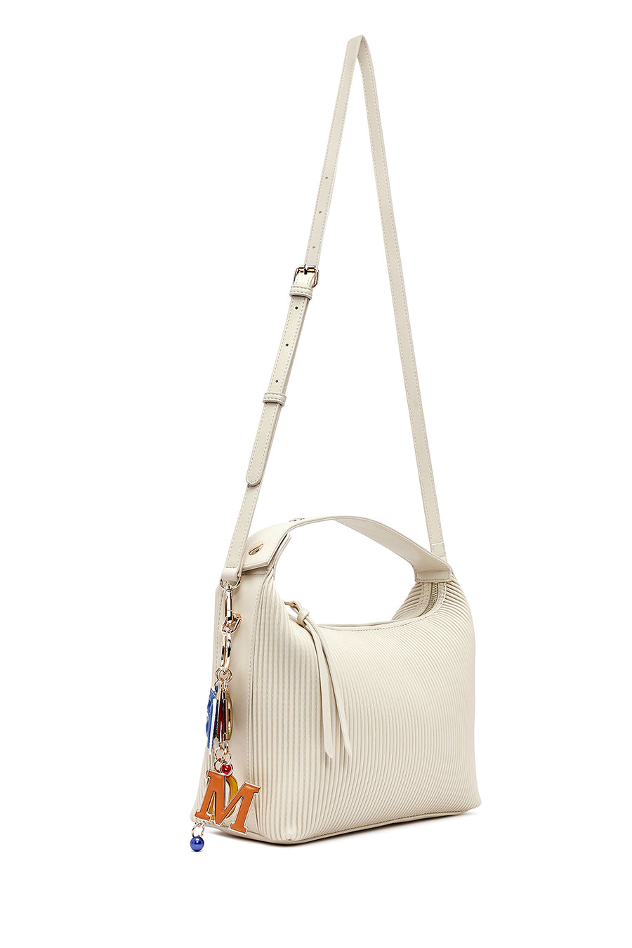 Women's Cream Long Strap Printed Charm Handbag