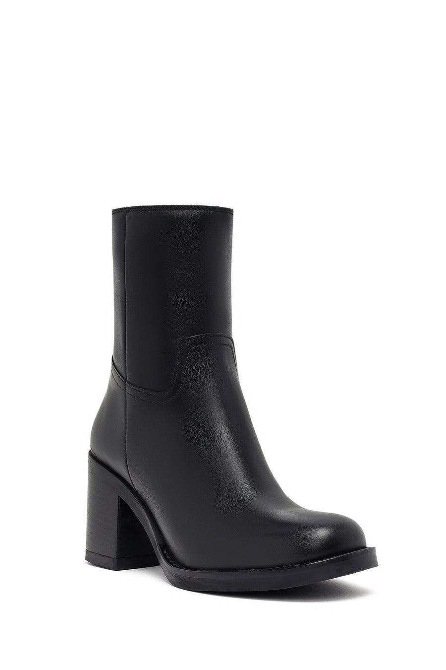 Women's Black Zippered Thick Heeled Leather Boot