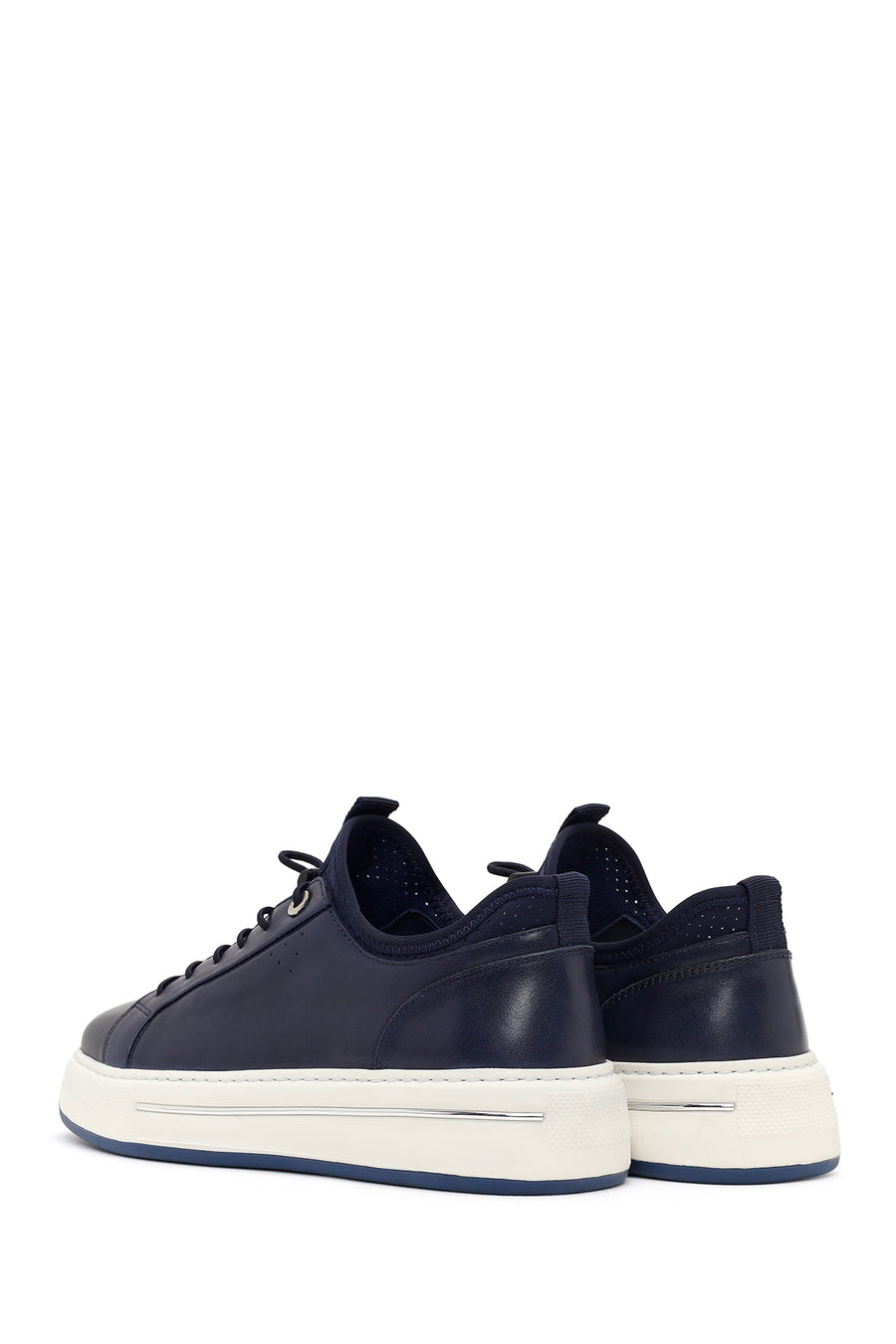 Erkek Lacivert Bağcıklı Kalın Tabanlı Deri Sneaker