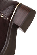 Woman Brown Zip Closure Crocodile Pattern Chunky Heeled Suede Boots | Derimod