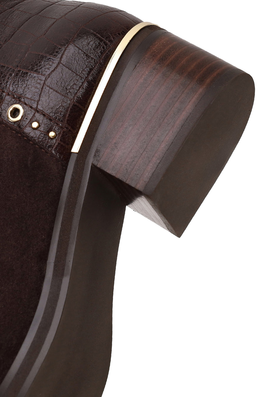 Woman Brown Zip Closure Crocodile Pattern Chunky Heeled Suede Boots