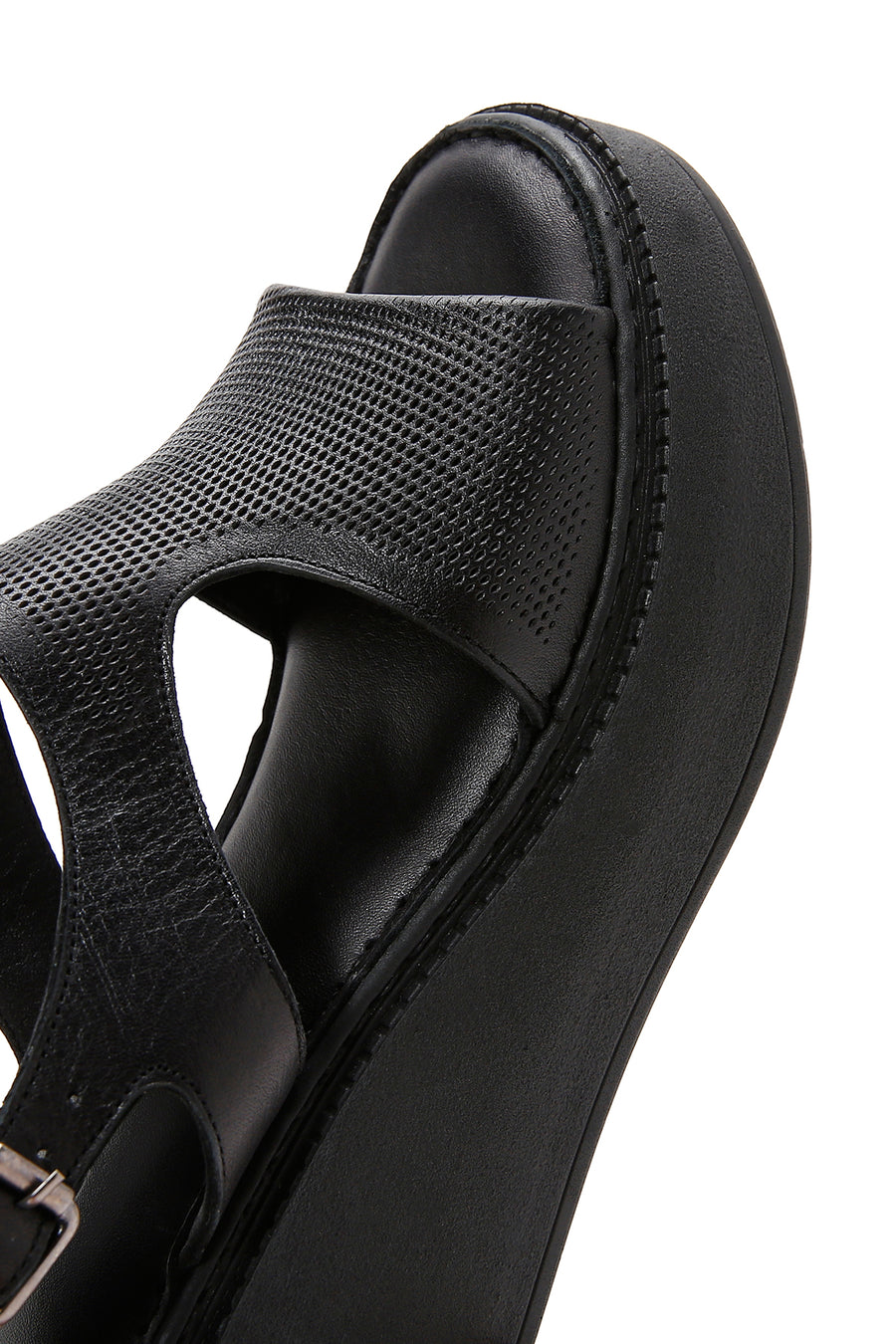 Women's Black Ankle Strap Wedge Heeled Leather Comfort Sandals