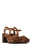 Woman Brown Ankle-Buckle Chunky-Heel Suede Sandal | Derimod