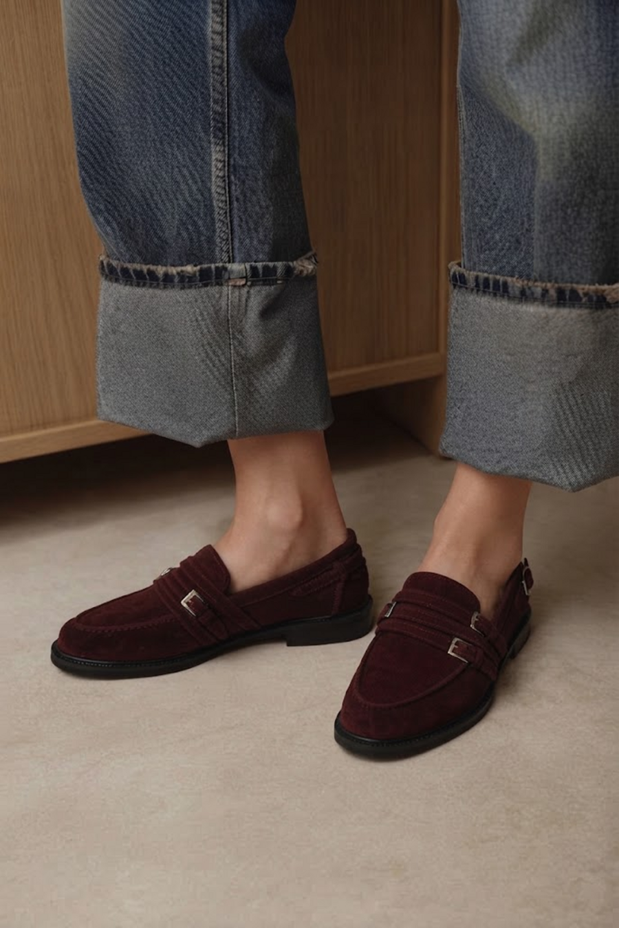 Kadın Bordo Tokalı Süet Deri Maskülen Loafer