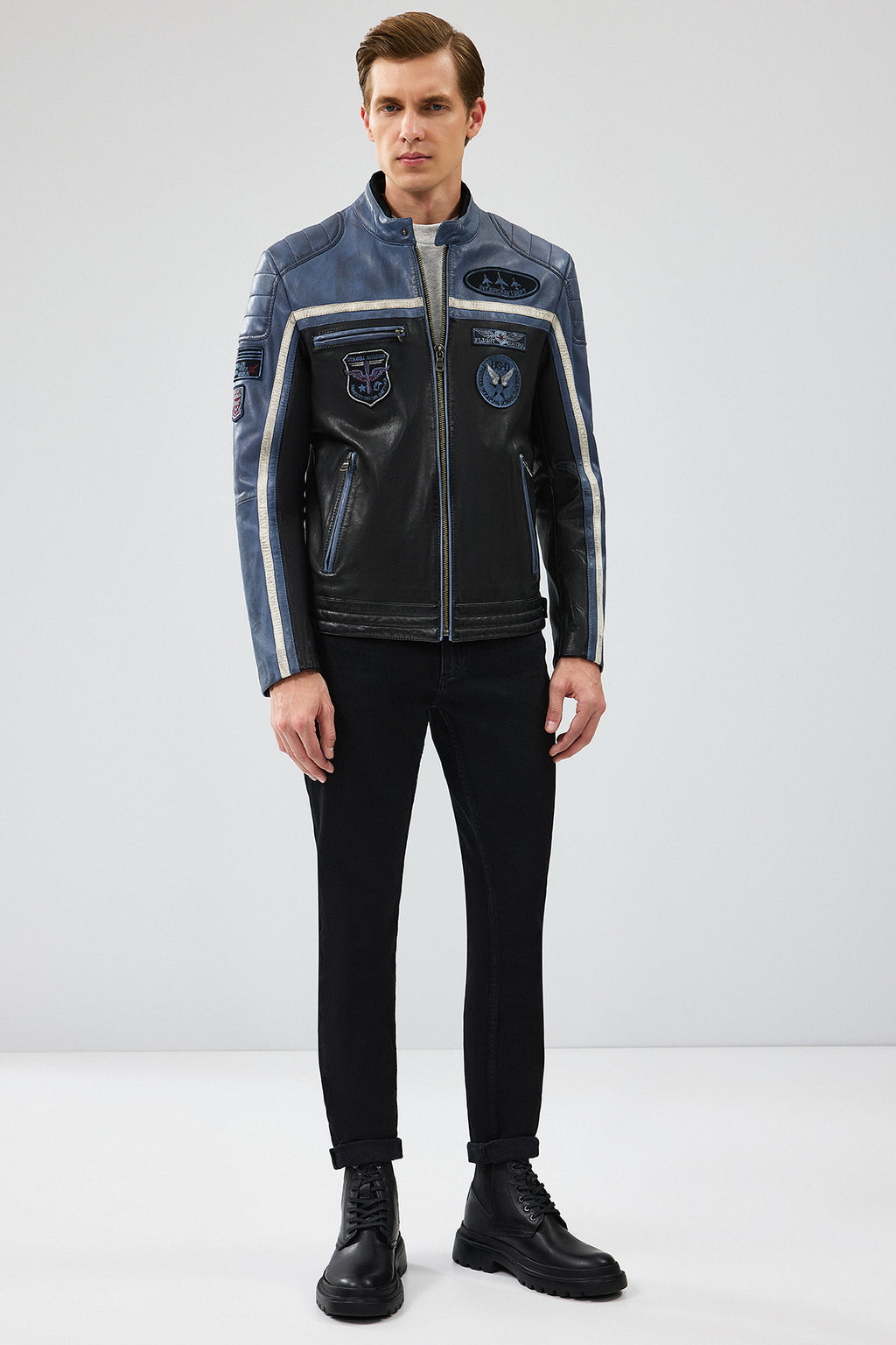 Takeoff Erkek Mavi Slim-Fit Deri Ceket