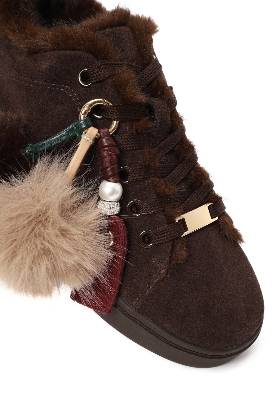 Kadın Kahverengi Bağcıklı Charmlı Süet Deri Teddy Sneaker
