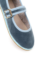 Woman Blue Buckled Fabric Mary Jane Ballerine flats | Derimod