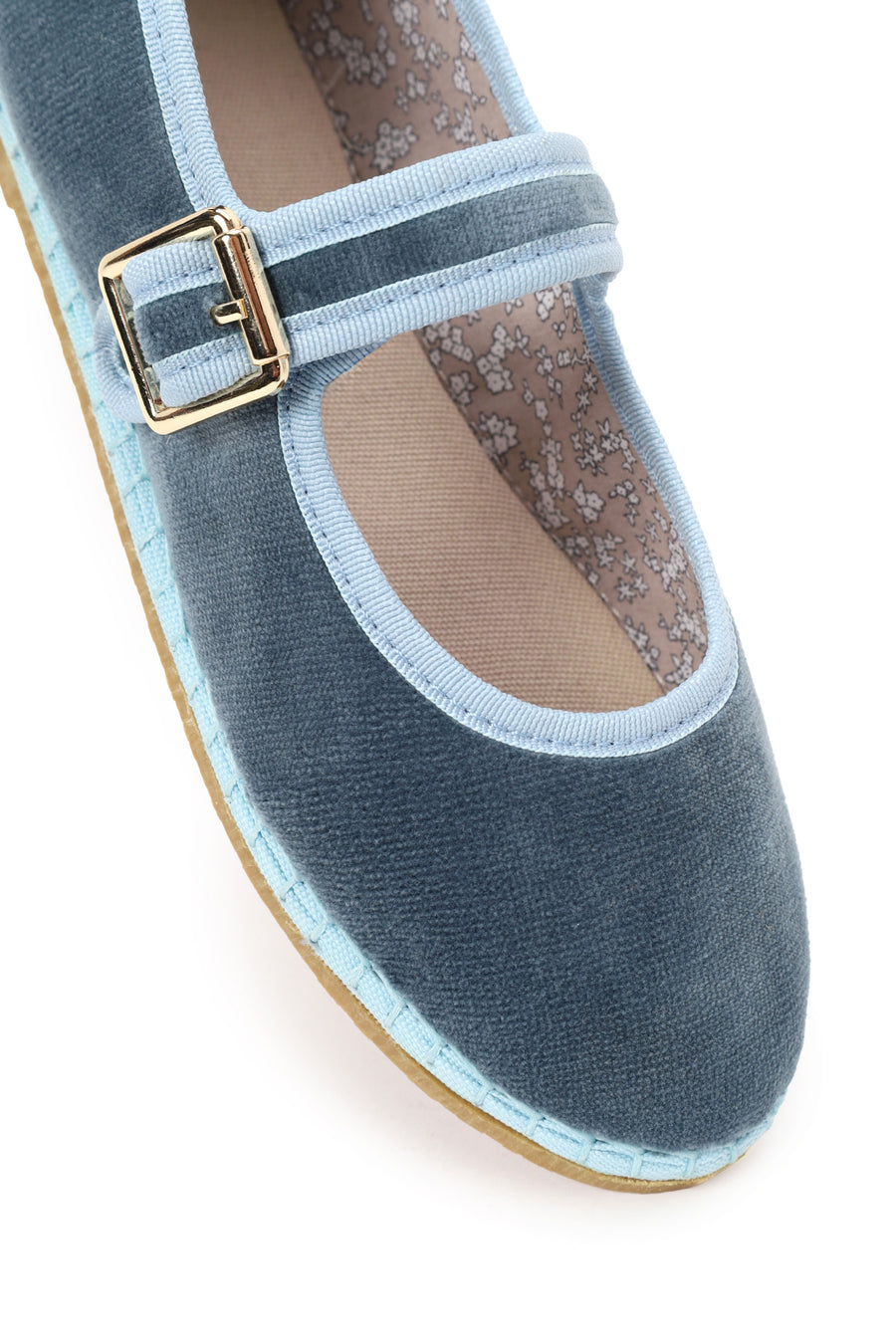 Woman Blue Buckled Fabric Mary Jane Ballerine flats