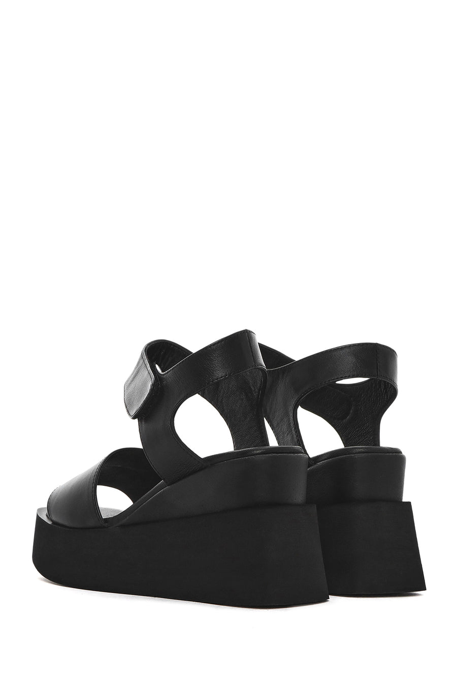 Women's Black Ankle Strap Wedge Heel Leather Sandals