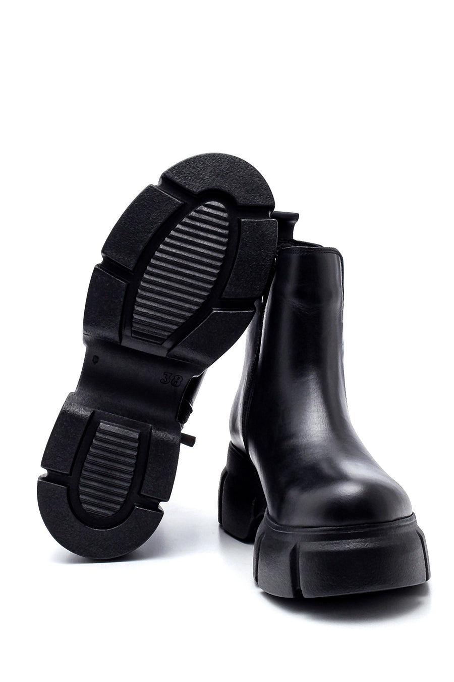 Women's Black Leather Thick Soled Boots