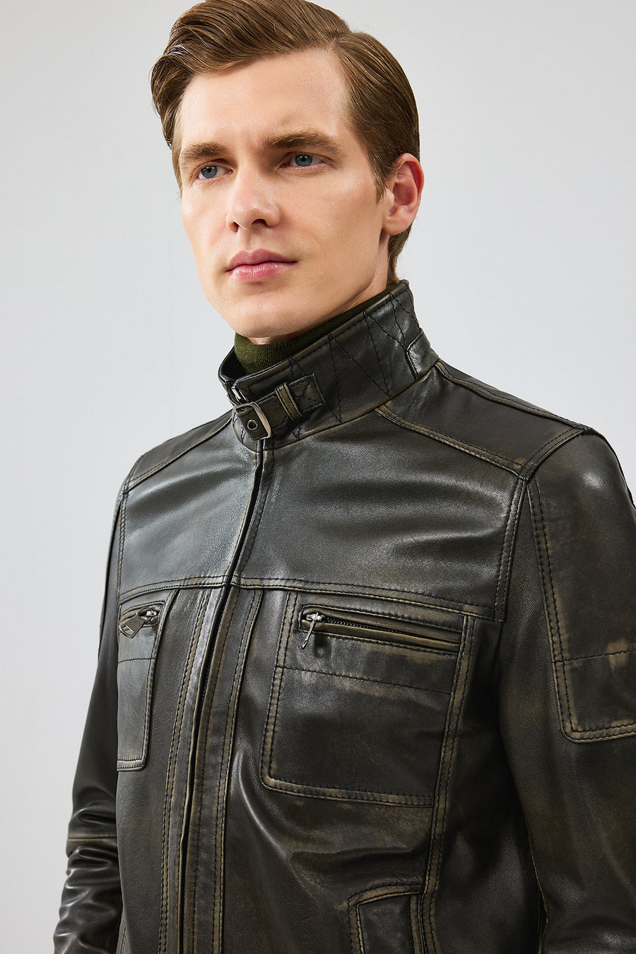 Wade Men's Green Slim-Fit Leather Coat