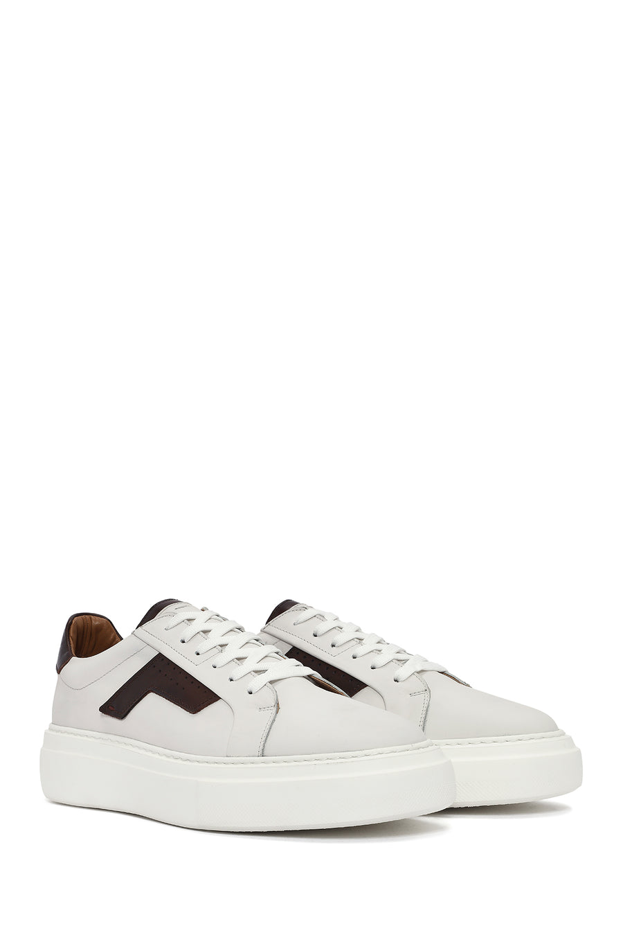 Men's White Lace-up Thick-Sole Leather Sneaker