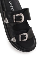 Woman Black Double-Buckle Leather Slipper | Derimod