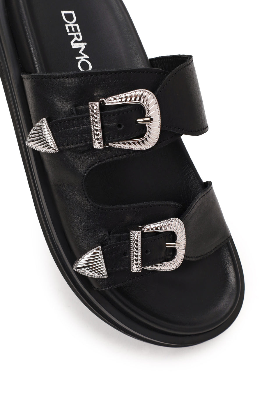 Woman Black Double-Buckle Leather Slipper