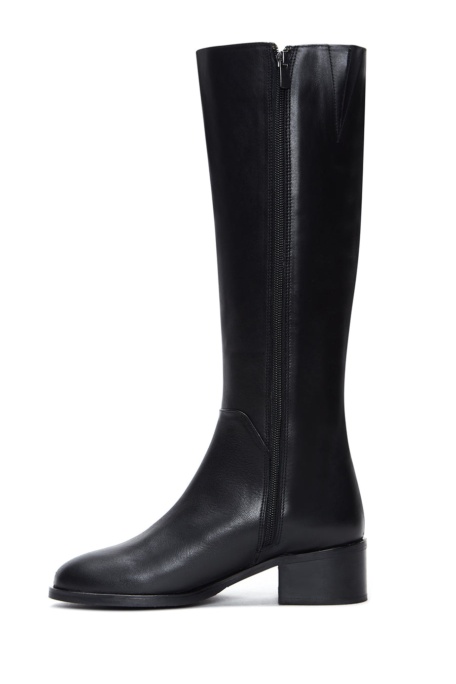 Woman Black Zip Closure Short Thick-Heeled Leather Boot