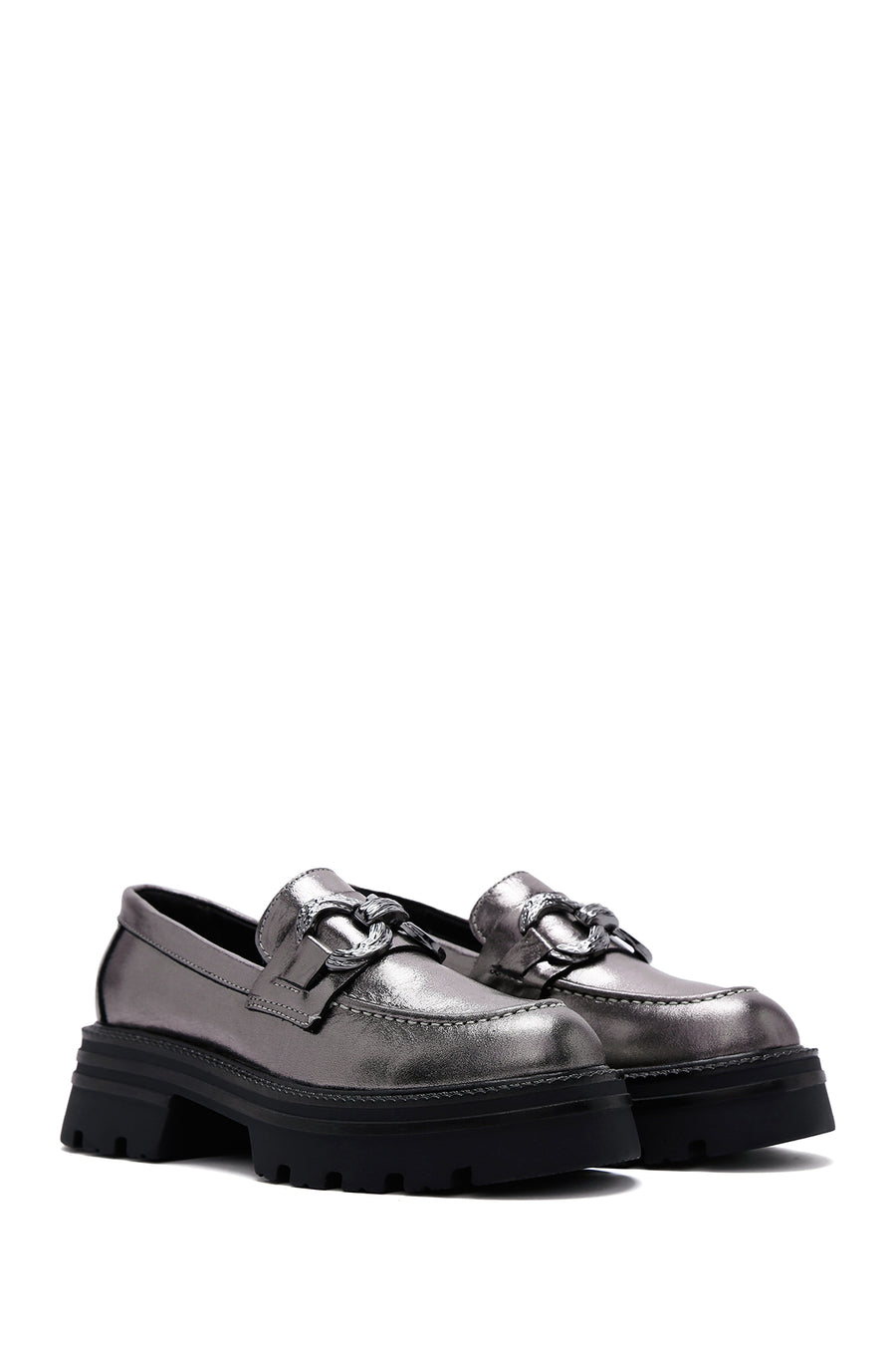 Women's Silver Leather Buckle Casual Loafer