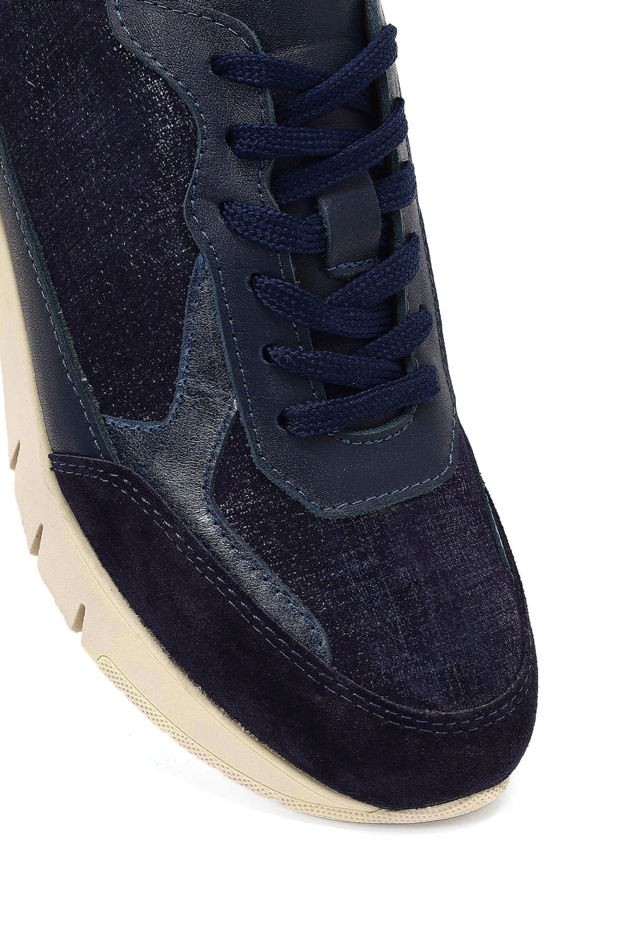 Women's Navy Blue Lace-Up Thick-Soled Leather Sneaker