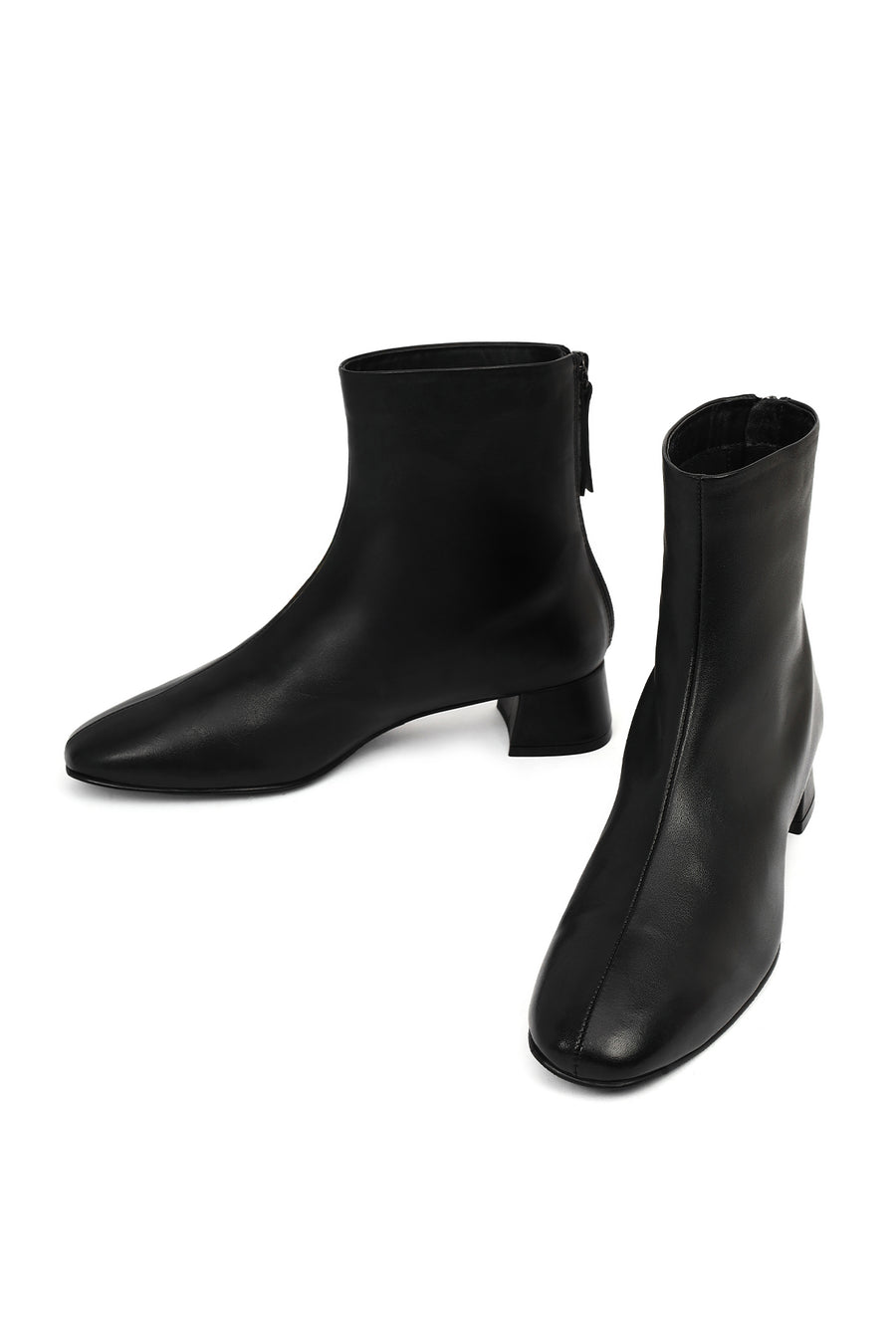Women's Black Zippered Short Thick Heeled Leather Boots