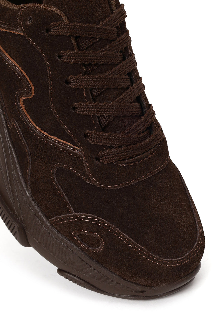 Woman Brown Lace-Up Thick-Soled Suede Leather Sneaker