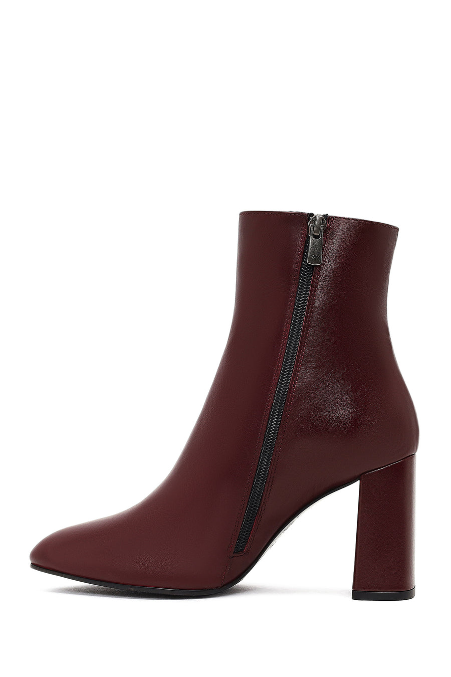 Women's Burgundy Zippered Thick High Heel Leather Boot