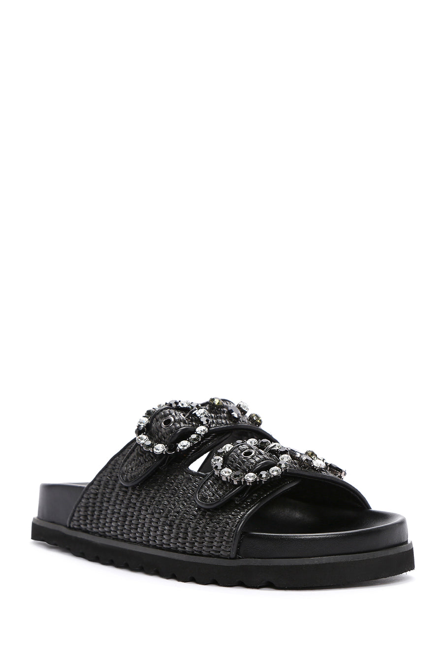 Women's Black Straw Stone Slippers