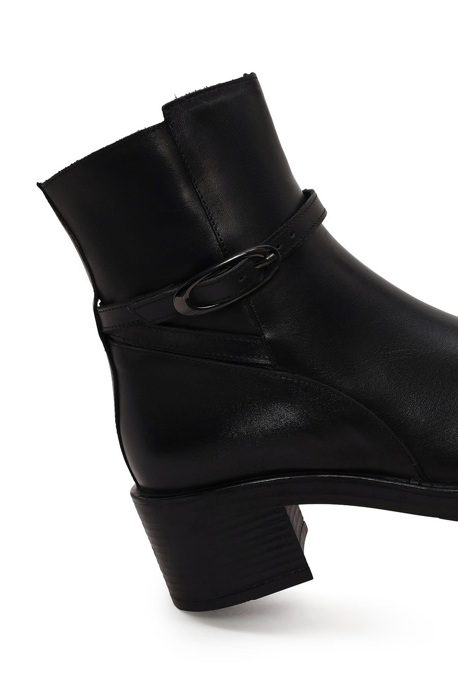 Woman Black Zip Closure Thick-Heeled Leather Boots
